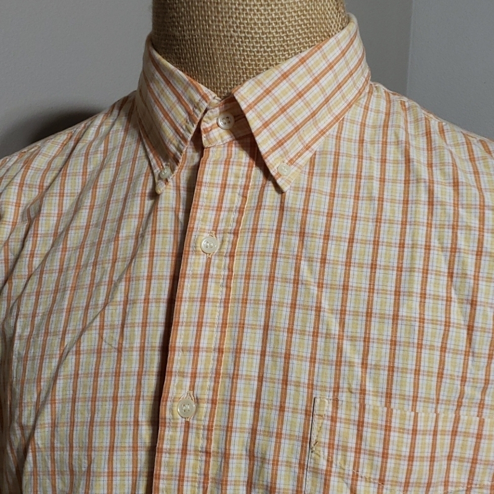 J crew short sleeve yellow orange plaid buttondown